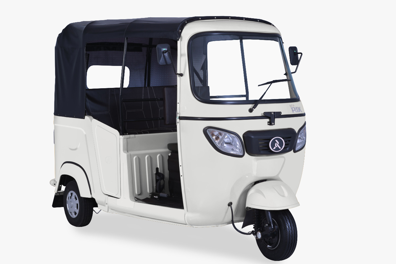 Atul RIK passenger tuk-tuk — white, three-quarter view